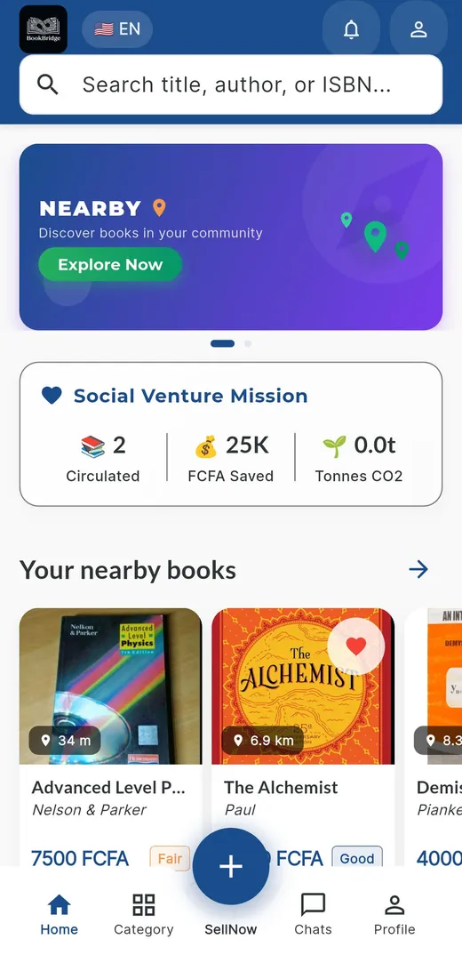 Écran d’accueil de l’application BookBridge : recherche de livres, bannière des livres à proximité, statistiques d’impact social et annonces de manuels en FCFA