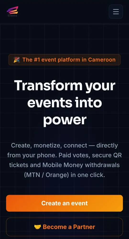 Écran d’accueil d’Eventra sur mobile : « Transform your events into power », avec des boutons pour créer un événement ou devenir partenaire